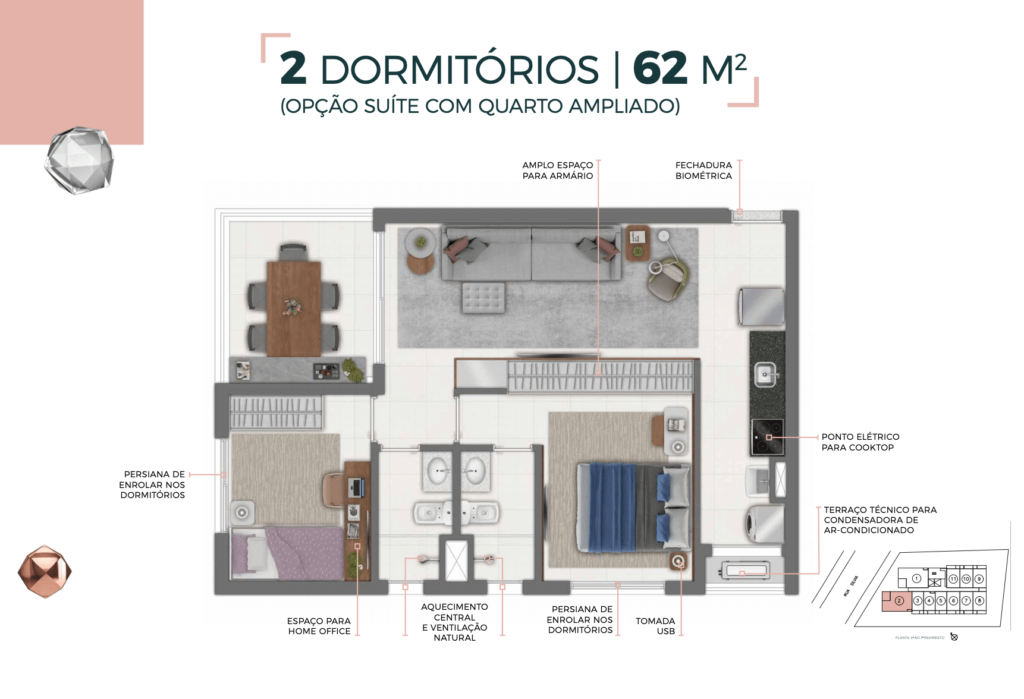 PLANTA 2 DORMITÓRIOS 66M² - AMPLIADO