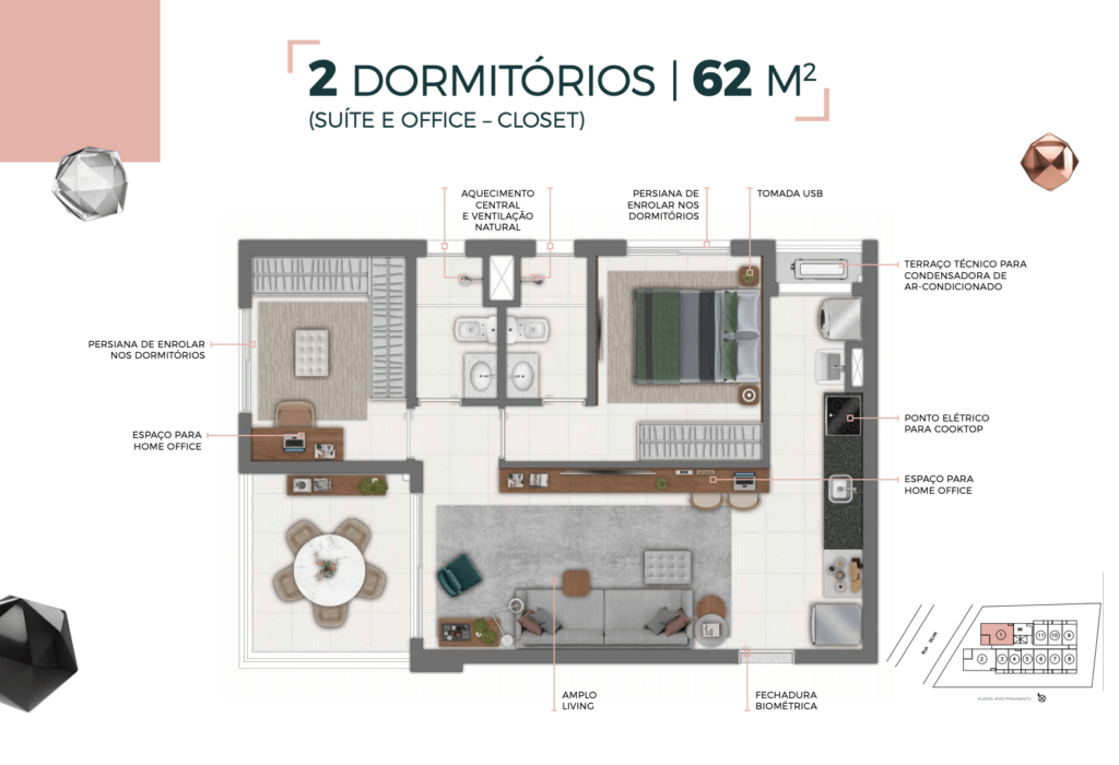 PLANTA 2 DORMITÓRIOS 62 M²