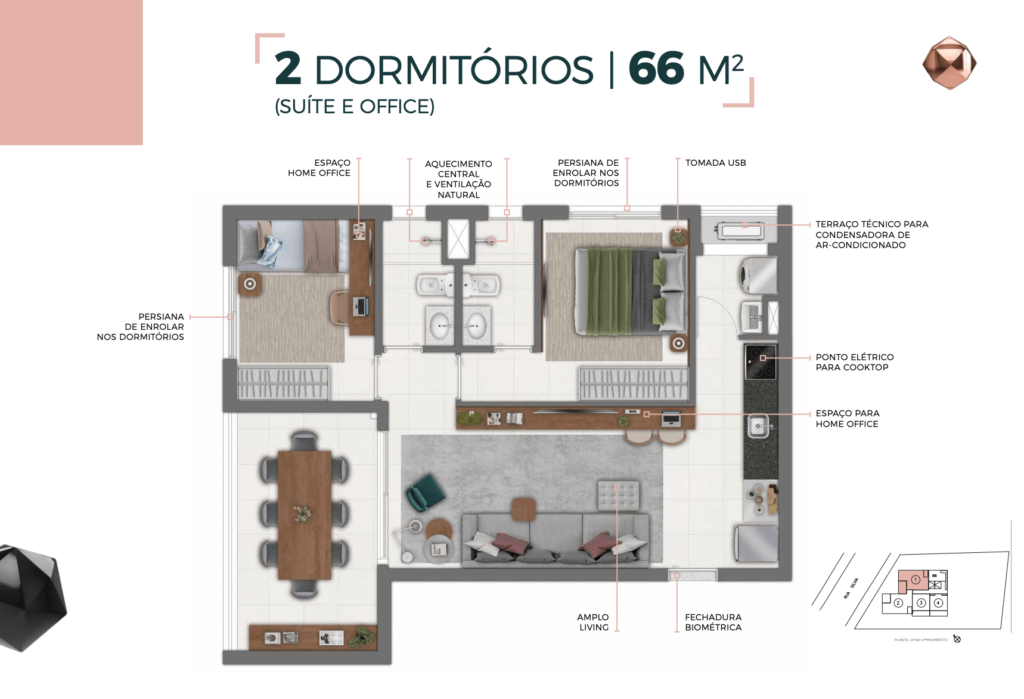 PLANTA 2 DORMITÓRIOS 66 M²