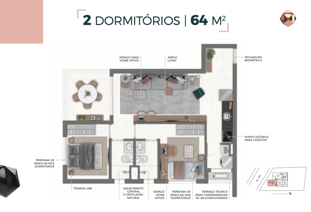 PLANTA 2 DORMITÓRIOS 64M²